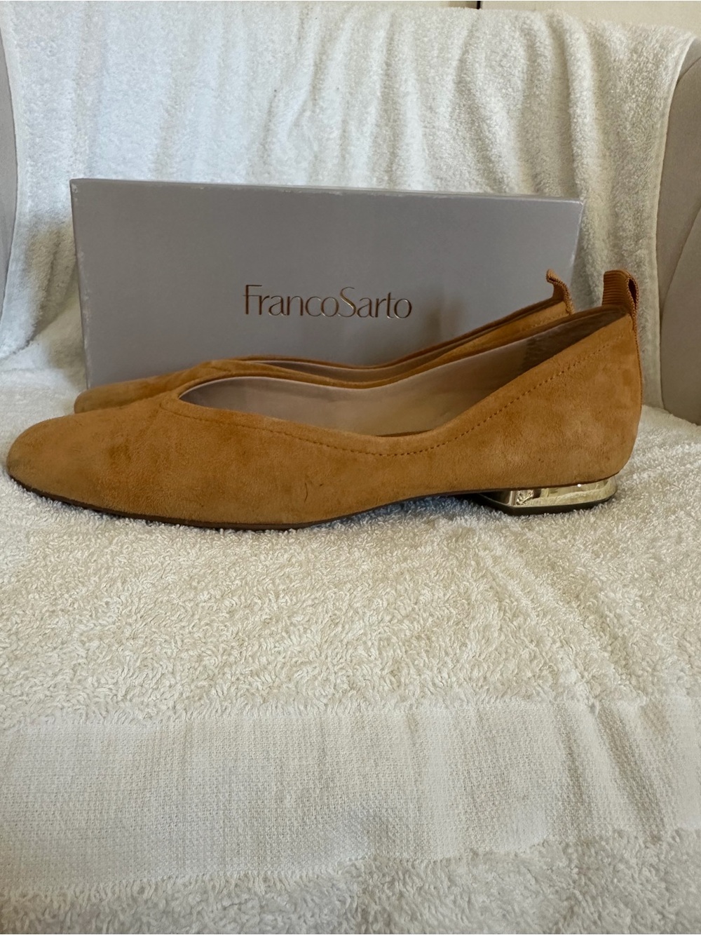 Franco Sarto Ochre Suede Ballet Flats with Low Gold Heel